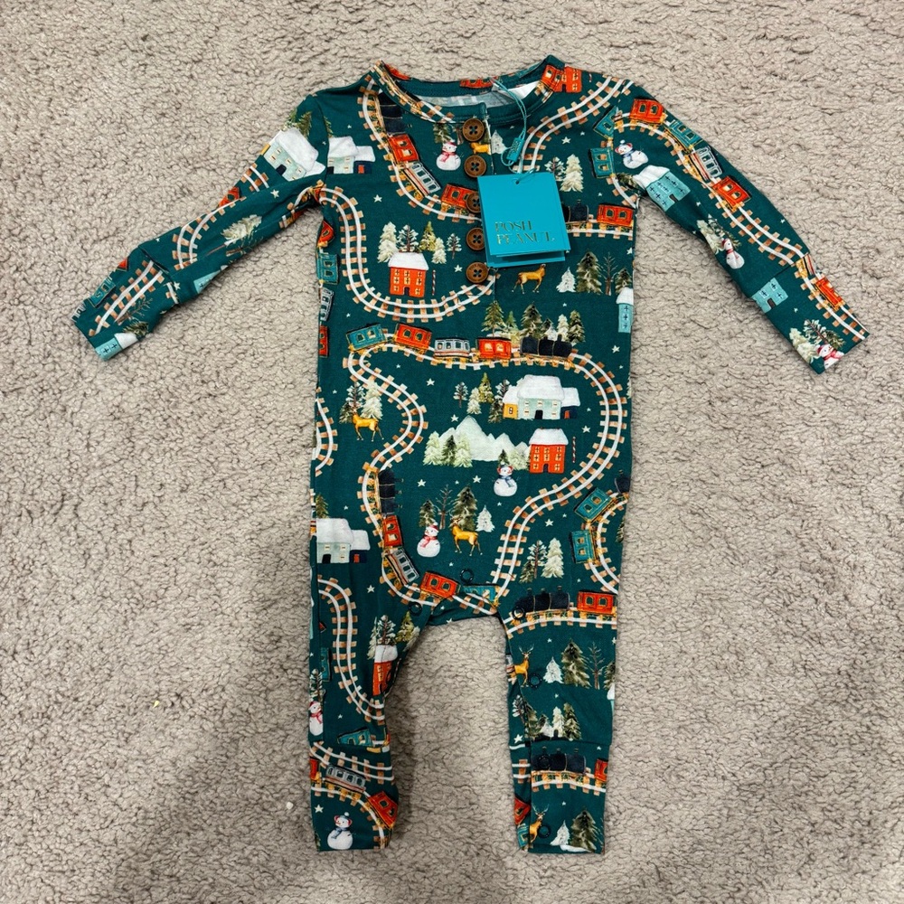 Posh Peanut Holiday Christmas Train Pajama romper